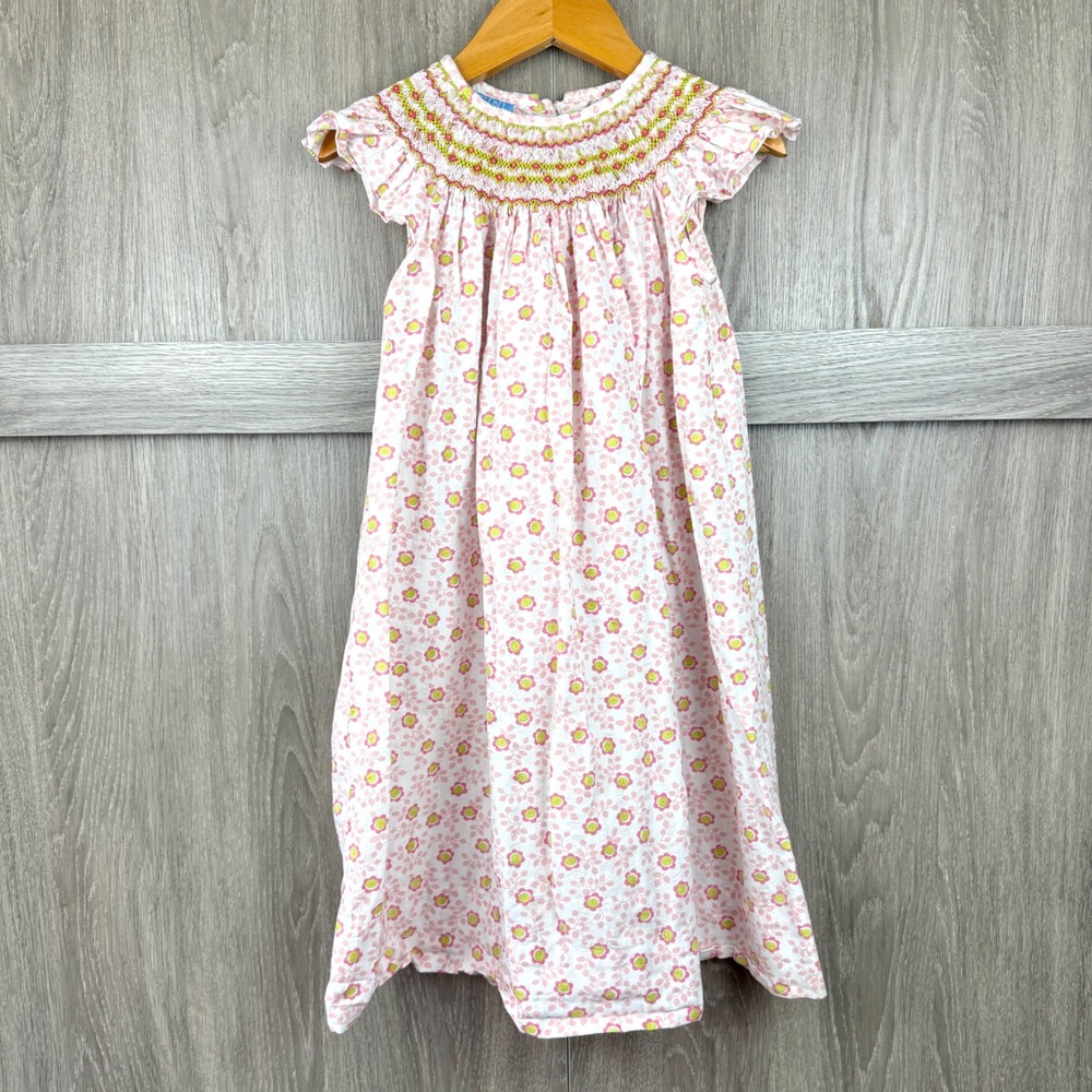 Anavini Hand Smocked Dress Girls 4T Pink Floral Cottagecore Southern Classic